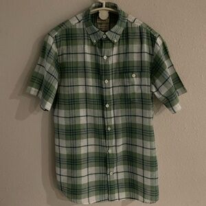 Weatherproof “Vintage” Shirt Short Sleeve Washable Linen Green Plaid Men’s Med